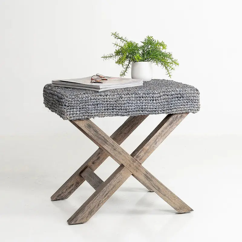 Handmade Natural Raffia And Wood Ottoman by East at Main