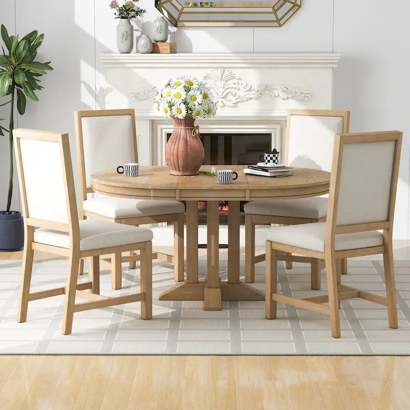 5-Piece Dining Set Extendable Round Table and 4 Upholstered Chairs Farmhouse Dining Set