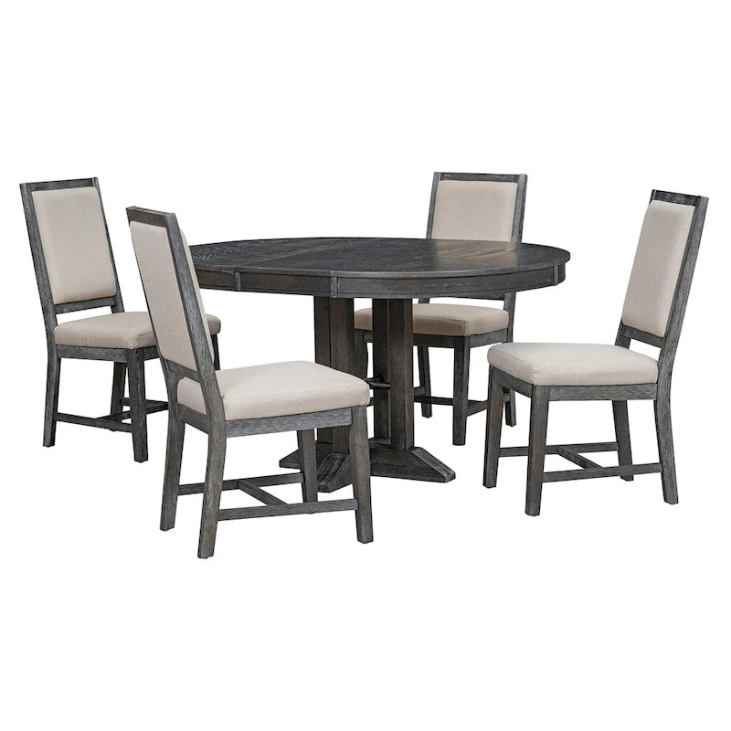 5-Piece Dining Set Extendable Round Table and 4 Upholstered Chairs Farmhouse Dining Set