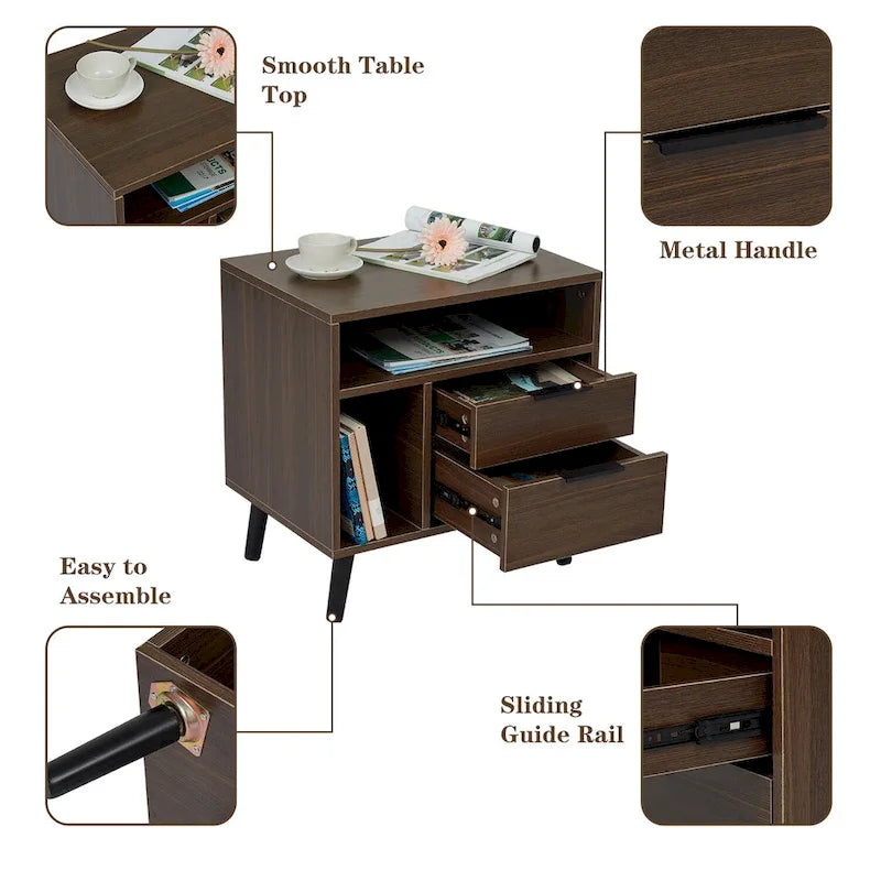 Kinbor Rustic Brown Nightstand, 2-Drawer Night Table with Storage Shelf, End Table for Bedroom Living Room (Set of 2)