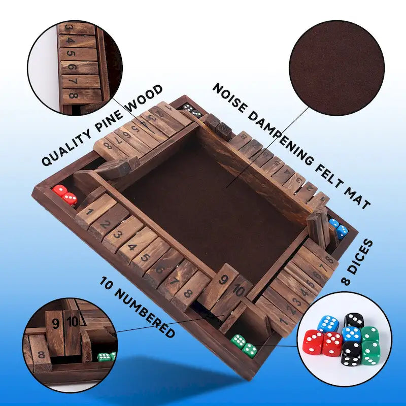 GSE 4-Player 10 Number Wooden Shut The Box Dice Game Set for Family Game Night, Dice Table Games, Bar Games
