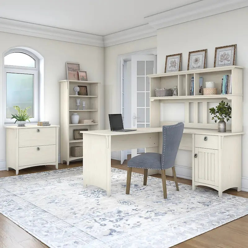Bush Furniture Salinas 60W L Shaped Desk Office Suite in Antique White