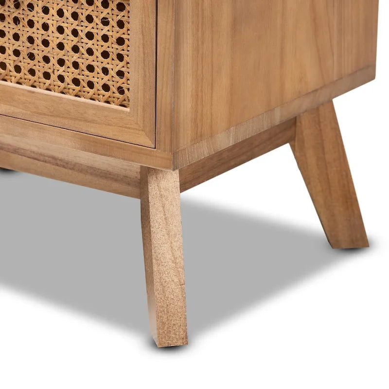 Baxton Studio Baden Mid-Century Modern Walnut Brown Finished Wood 2-Drawer End Table with Rattan