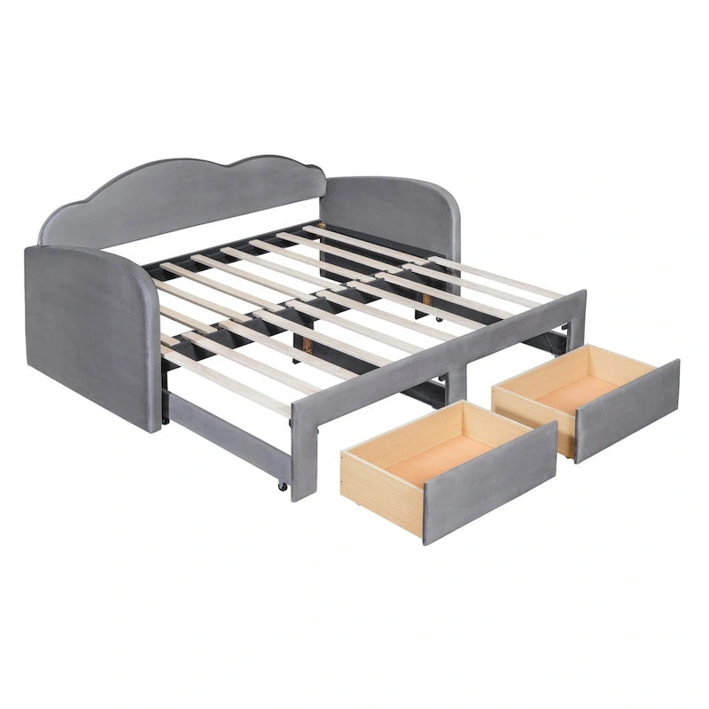 Twin Size Upholstered daybed with Cloud-Shaped Backrest, Trundle & 2 Drawers and USB Ports, Beige