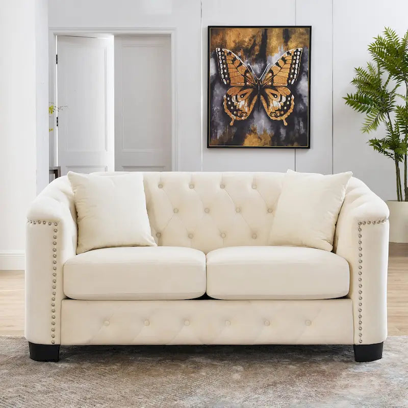 59-Inch Modern Chesterfield Velvet Sofa, 2-Seater Sofa, Upholstered Tufted Backrests with Nailhead Arms and 2 Cushions for Livin