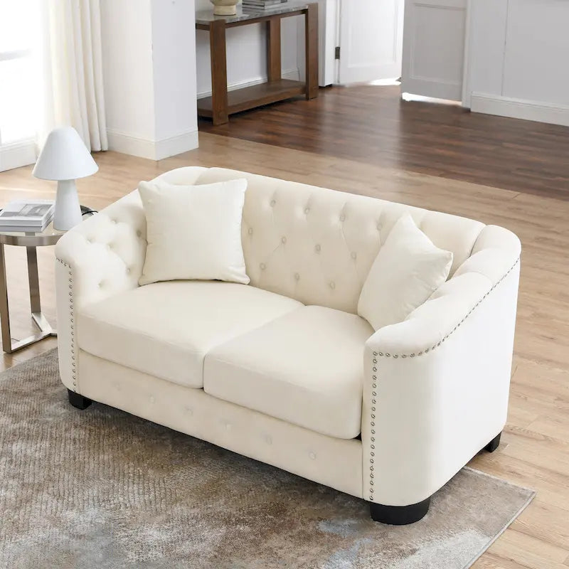 59-Inch Modern Chesterfield Velvet Sofa, 2-Seater Sofa, Upholstered Tufted Backrests with Nailhead Arms and 2 Cushions for Livin