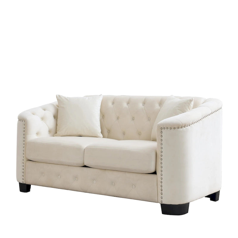 59-Inch Modern Chesterfield Velvet Sofa, 2-Seater Sofa, Upholstered Tufted Backrests with Nailhead Arms and 2 Cushions for Livin
