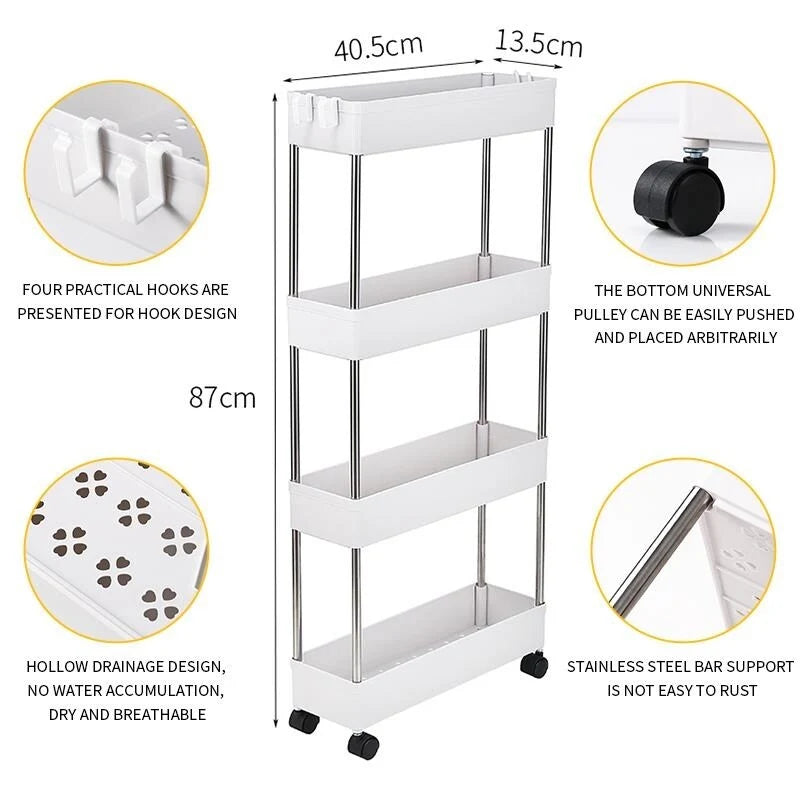 3/4-Layer Mobile Multi-functional Slim Storage Cart,White