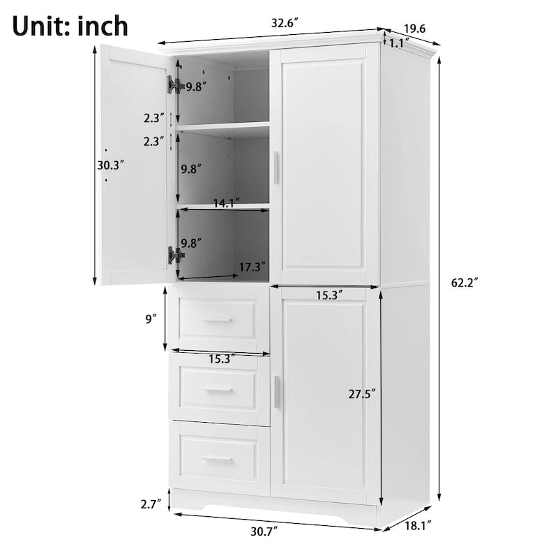 Tall and Wide Storage Cabinet with Doors for Bathroom/Office