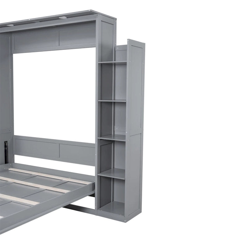 Merax Queen Size Murphy Bed Wall Bed with Shelves and LED Lights