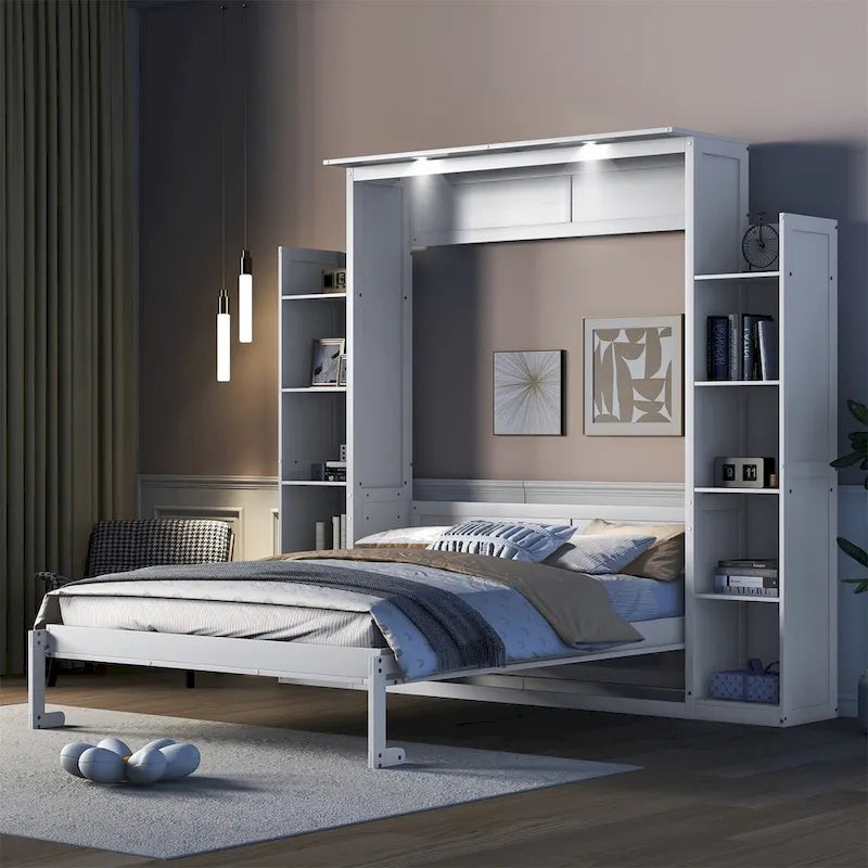 Merax Queen Size Murphy Bed Wall Bed with Shelves and LED Lights