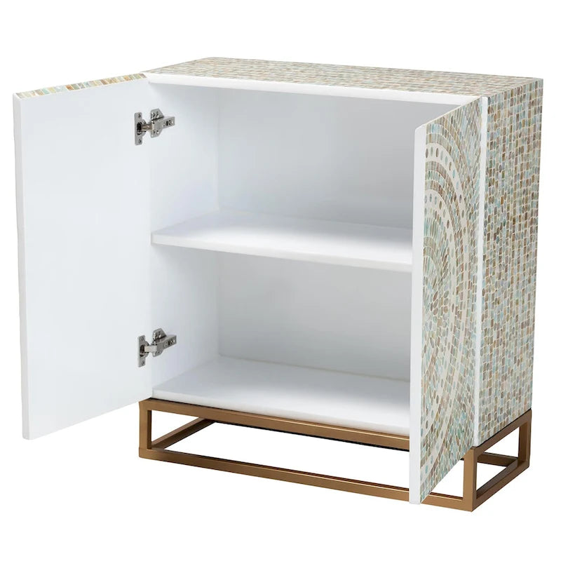 Quintus Modern Bohemian Multicolor Mother of Pearl and Gold Metal Storage Cabinet