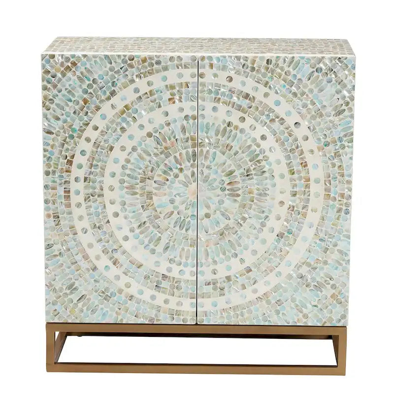 Quintus Modern Bohemian Multicolor Mother of Pearl and Gold Metal Storage Cabinet