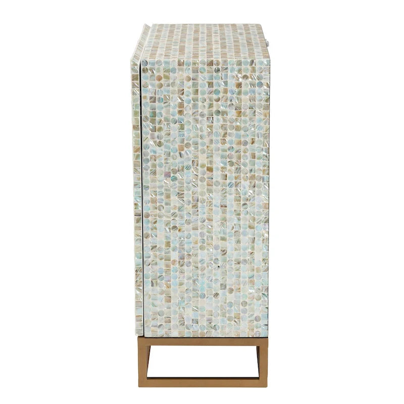 Quintus Modern Bohemian Multicolor Mother of Pearl and Gold Metal Storage Cabinet