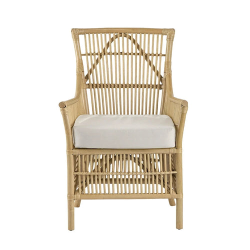 23 Inch Rattan Dining Armchair, White Fabric Padded Seat, Natural Brown