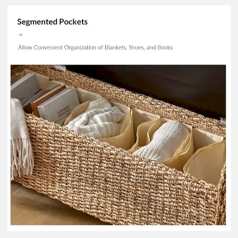 Bab Boho Farmhouse Ratten Storage Bench with Hollow-Carved Designs by HULALA HOME