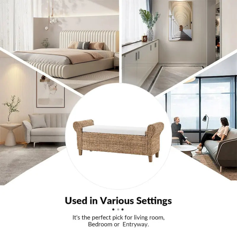 Bab Boho Farmhouse Ratten Storage Bench with Hollow-Carved Designs by HULALA HOME