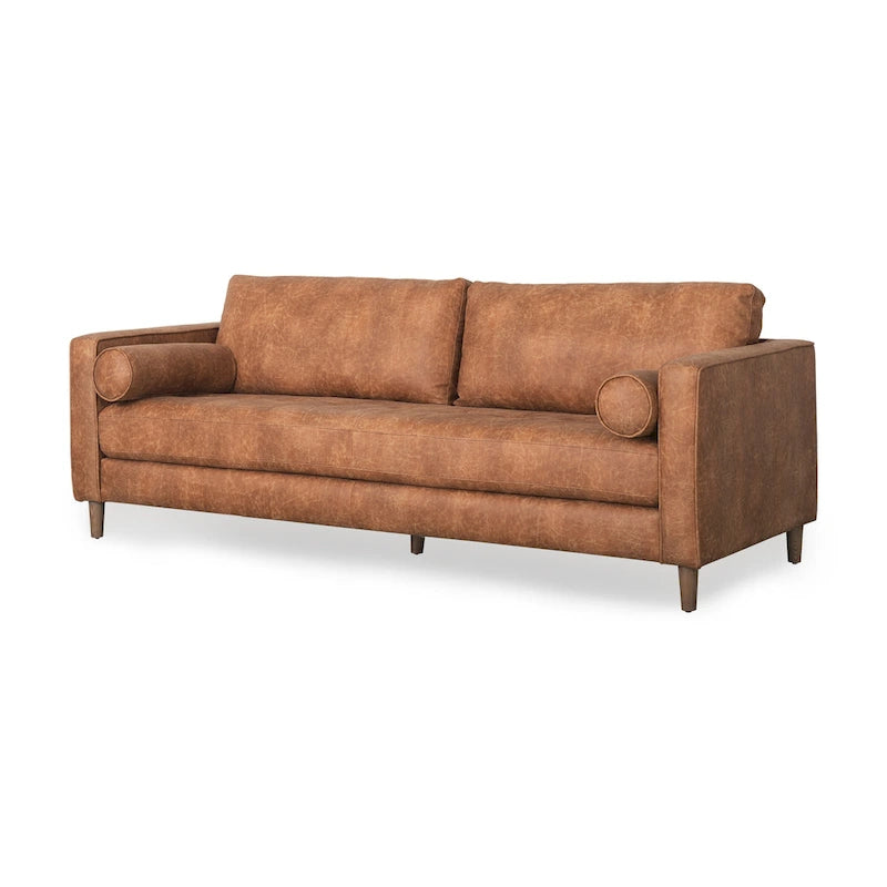 Loretta Cognac Brown Faux Leather Three Seater Sofa w/ Bolster Cushions - 87.9W x 36.2D x 33.8H