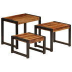 vidaXL Nesting Tables Set of 3, Sheesham Wood, Black Steel Frames