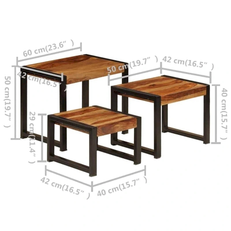 vidaXL Nesting Tables Set of 3, Sheesham Wood, Black Steel Frames
