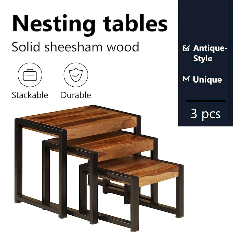 vidaXL Nesting Tables Set of 3, Sheesham Wood, Black Steel Frames