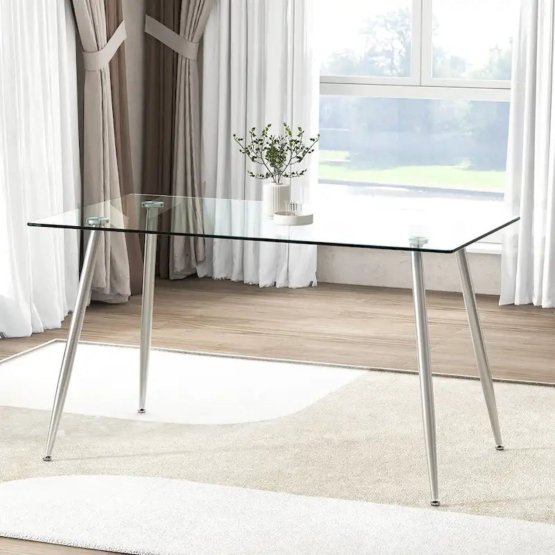 Gymax Modern Glass Dining Table Rectangular Dining Room Table W/Metal