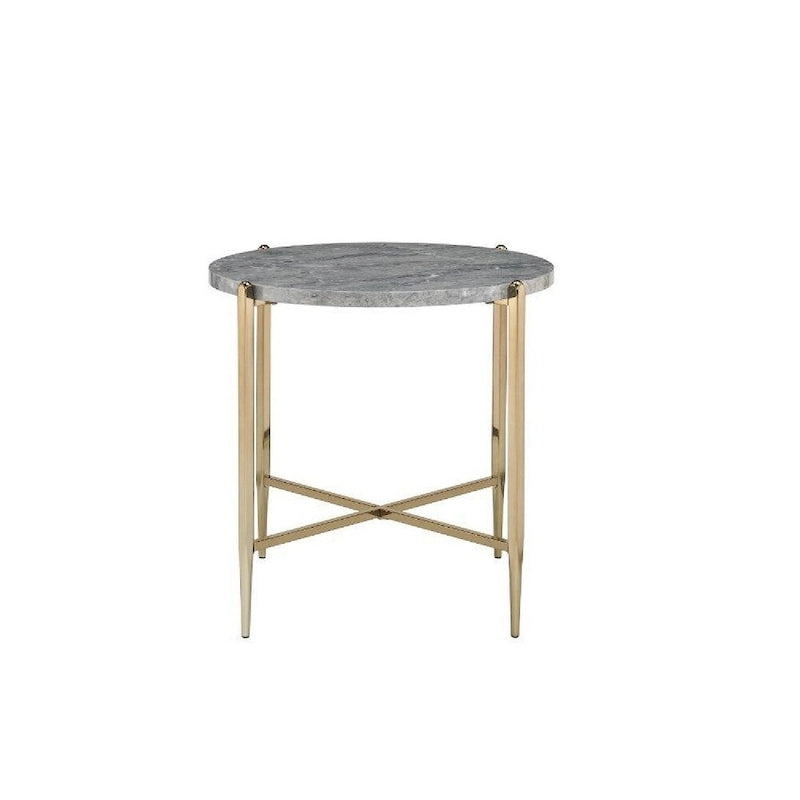 End Table with Oval Marble Top and X Shaped Support - Grey and Gold - 26 L x 26 W x 23.62 H Inches