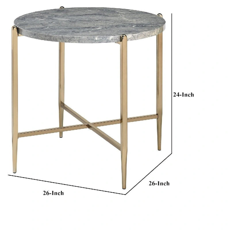 End Table with Oval Marble Top and X Shaped Support - Grey and Gold - 26 L x 26 W x 23.62 H Inches