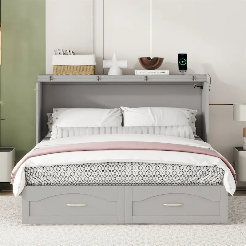 Queen/Full Size Murphy Bed with drawer and a set of Sockets & USB Ports