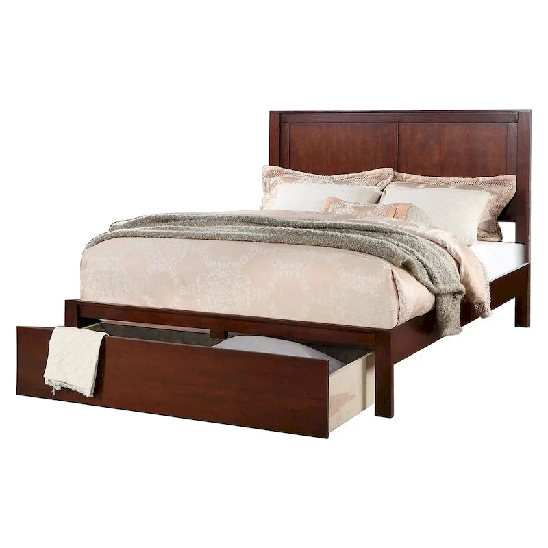 Kali Platform California King Panel Bed, Storage Drawer, Cherry Brown Wood