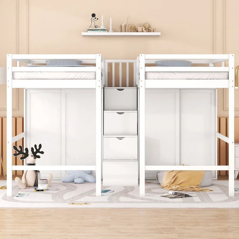 Double Twin Loft Beds with Wardrobes and Staircase