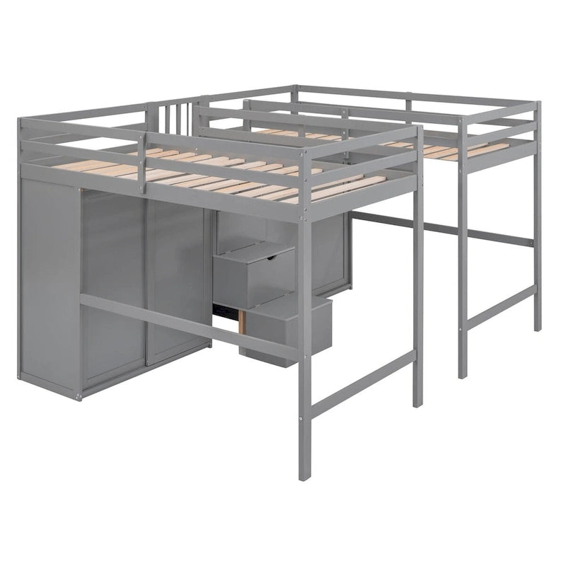 Double Twin Loft Beds with Wardrobes and Staircase