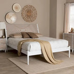 Louetta Coastal White Queen Size Platform Bed with Carved Contrasting Headboard