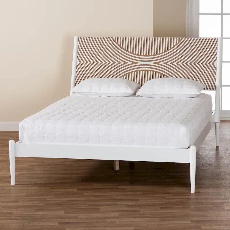 Louetta Coastal White Queen Size Platform Bed with Carved Contrasting Headboard