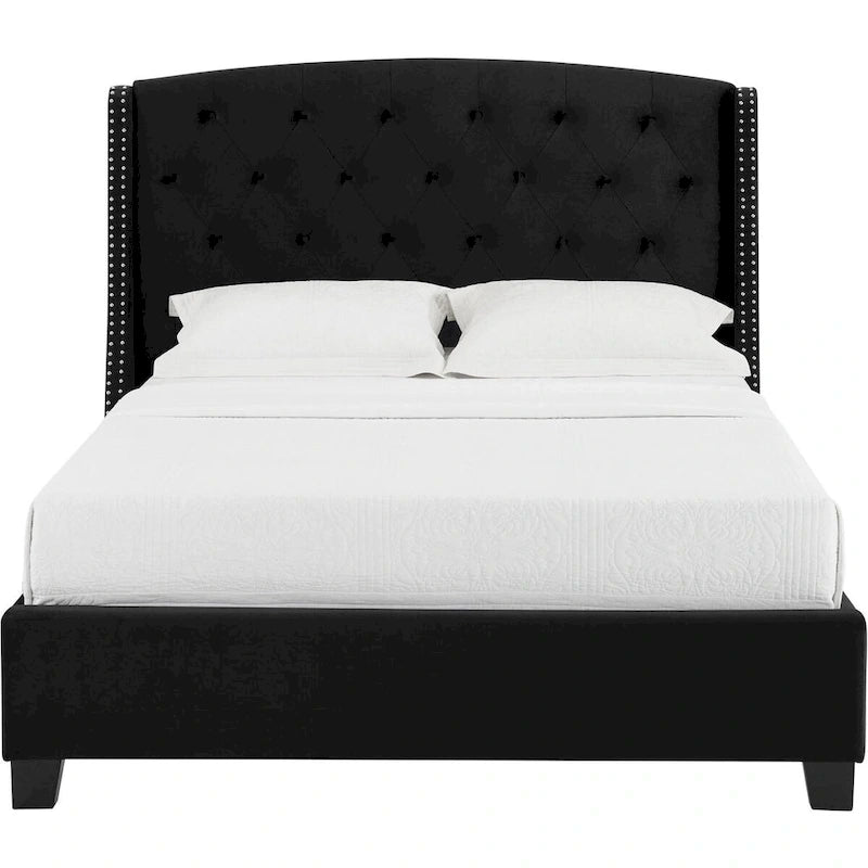 Elle King Size Bed, Low Profile, Button Tufted Upholstered Headboard, Black