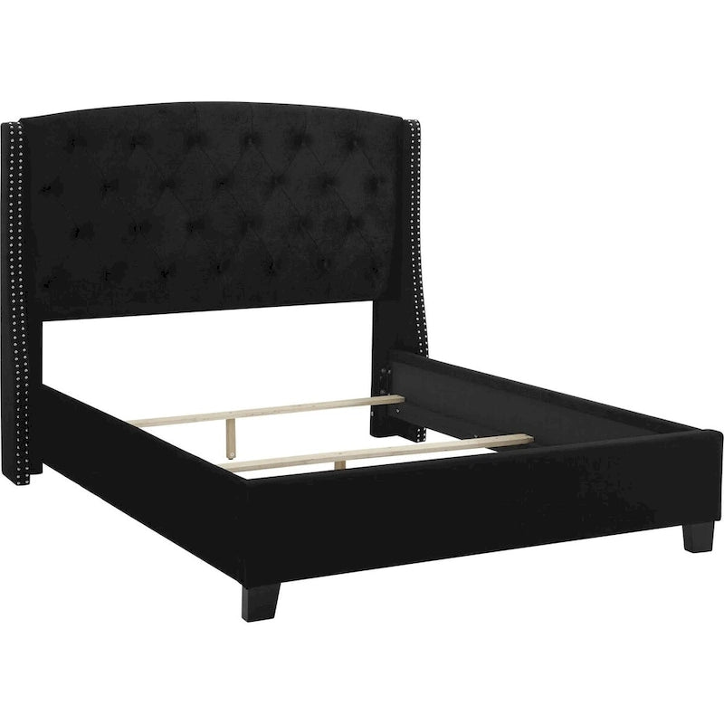 Elle King Size Bed, Low Profile, Button Tufted Upholstered Headboard, Black