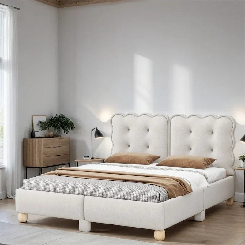 Queen Size Wood Frame Upholstered Platform Bed with Support Legs