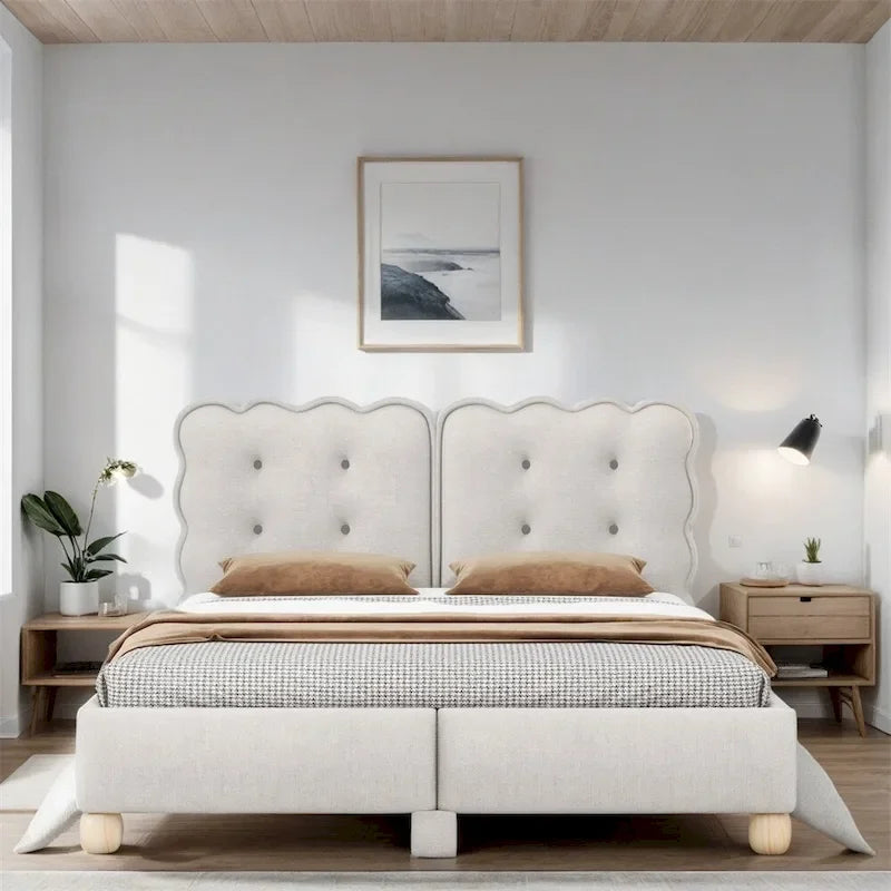 Queen Size Wood Frame Upholstered Platform Bed with Support Legs