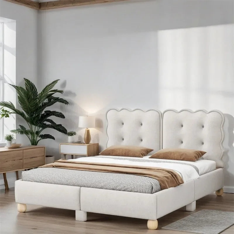 Queen Size Wood Frame Upholstered Platform Bed with Support Legs