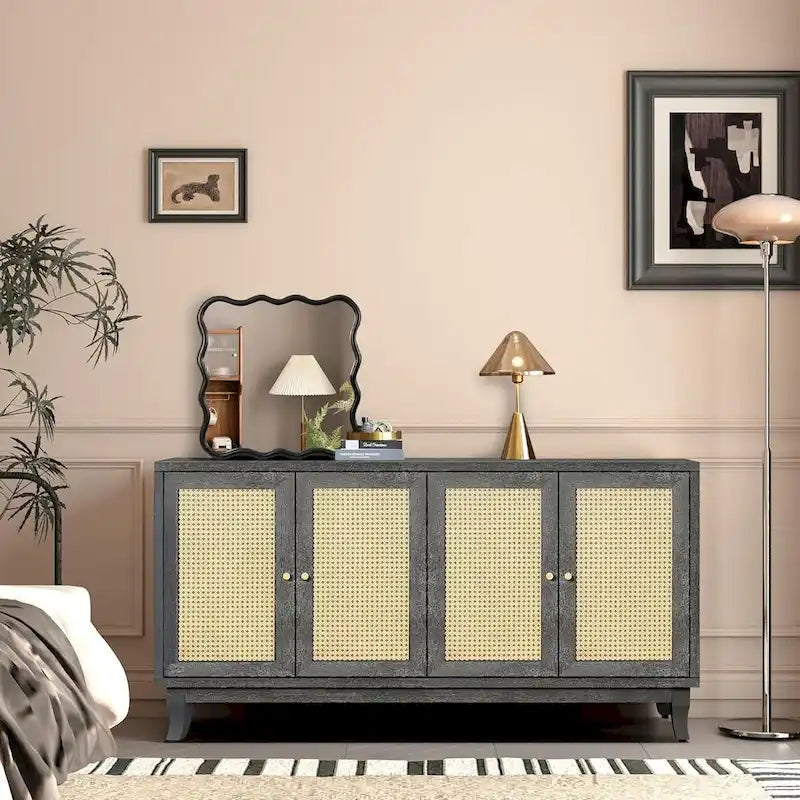 Roomfitters Handcrafted Premium Grain Panels Rattan Sideboard Buffet Cabinet with 4 Rattan Doors