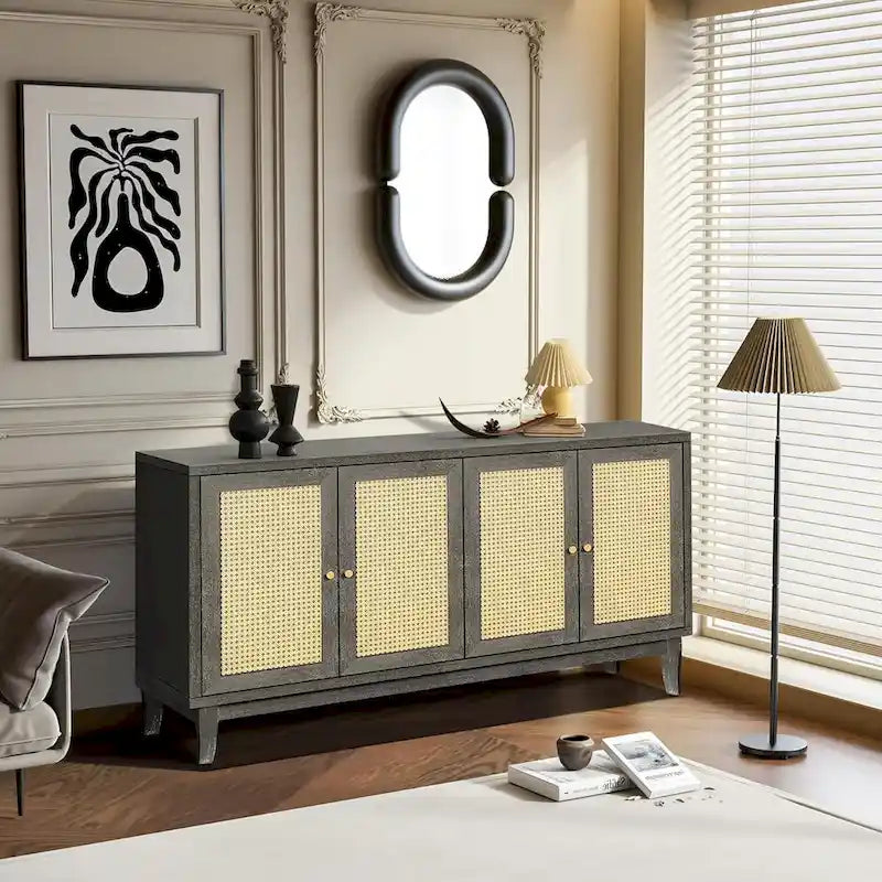 Roomfitters Handcrafted Premium Grain Panels Rattan Sideboard Buffet Cabinet with 4 Rattan Doors