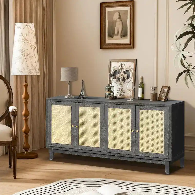 Roomfitters Handcrafted Premium Grain Panels Rattan Sideboard Buffet Cabinet with 4 Rattan Doors