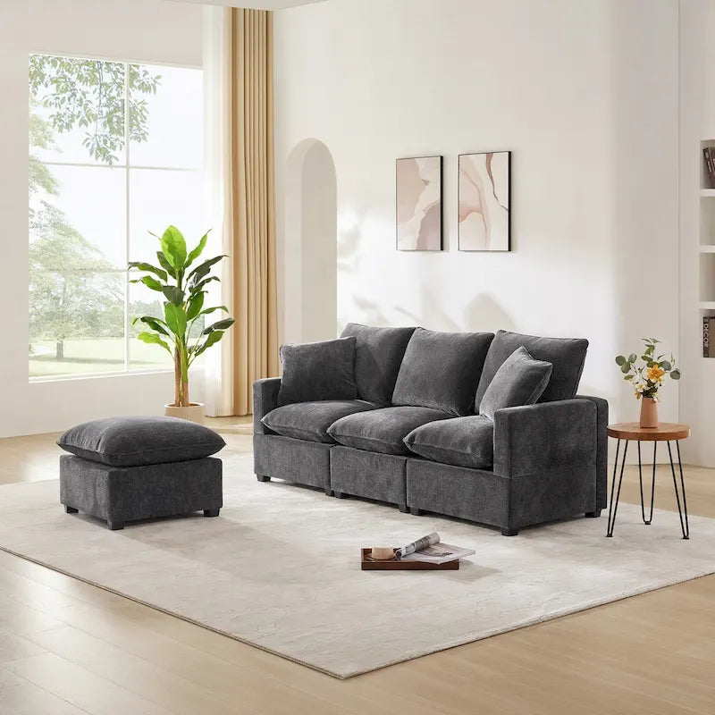 84*57 Modern Modular Sofa, 4 Seat Chenille Sectional Couch Set with 2 Pillows Included, Freely Combinable Indoor Funiture