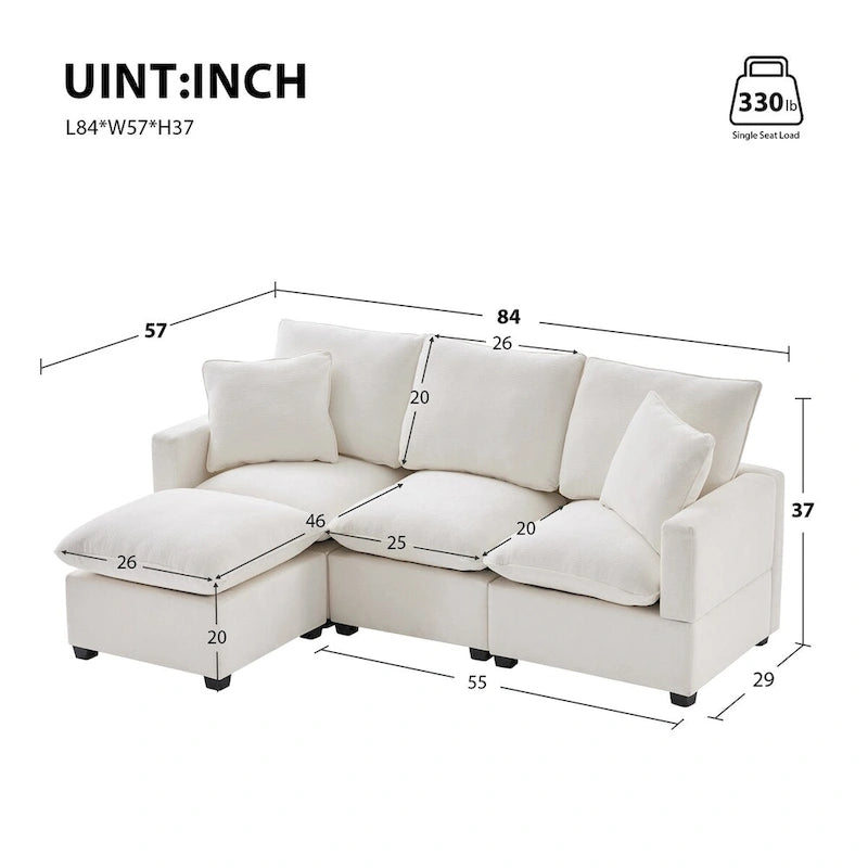 84*57 Modern Modular Sofa, 4 Seat Chenille Sectional Couch Set with 2 Pillows Included, Freely Combinable Indoor Funiture
