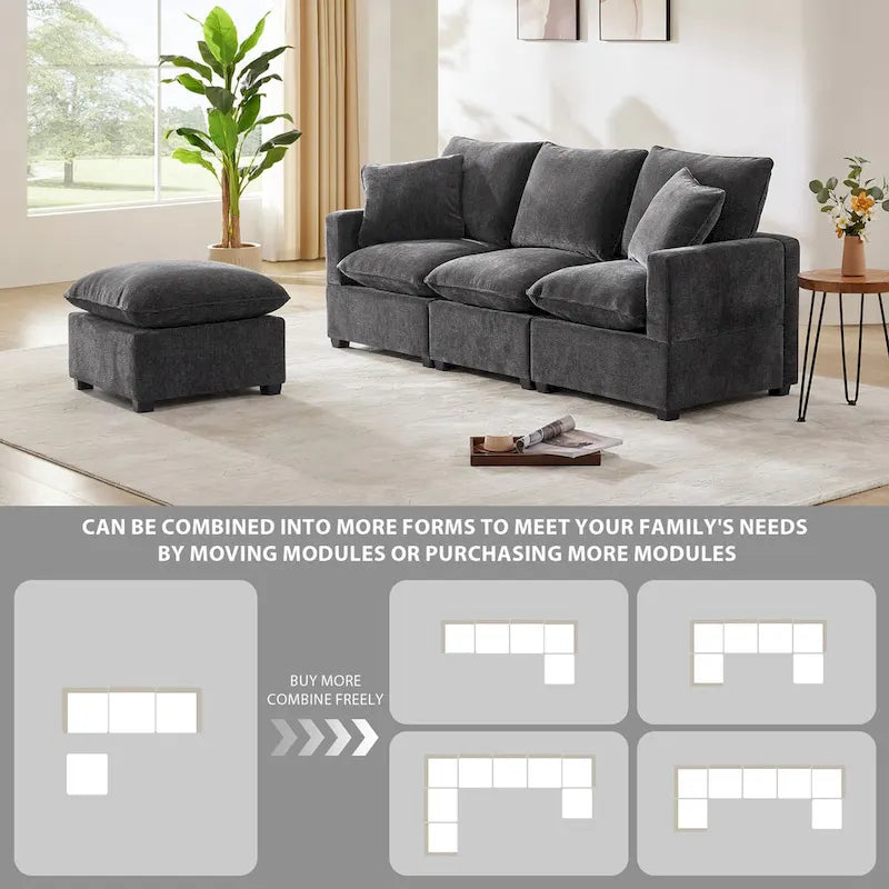84*57 Modern Modular Sofa, 4 Seat Chenille Sectional Couch Set with 2 Pillows Included, Freely Combinable Indoor Funiture