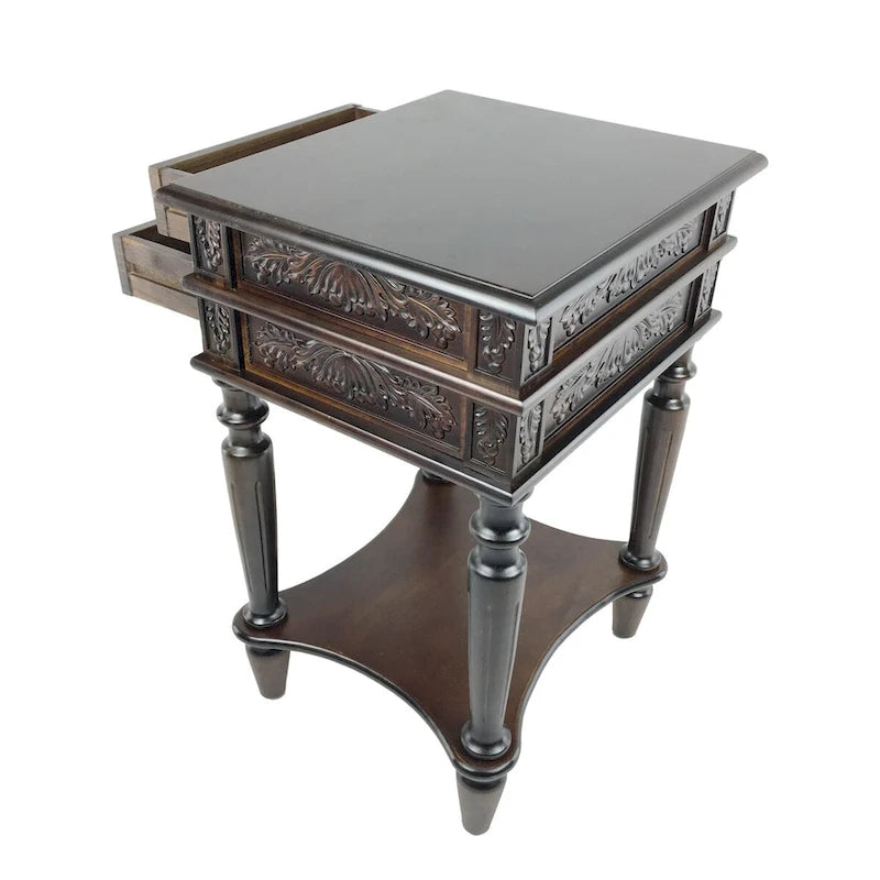 2 Drawer End Table with Intricate Carvings and Open Bottom Shelf, Brown