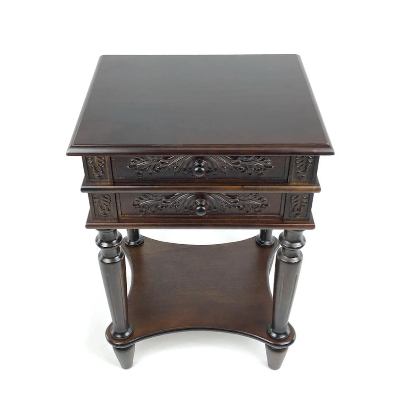 2 Drawer End Table with Intricate Carvings and Open Bottom Shelf, Brown