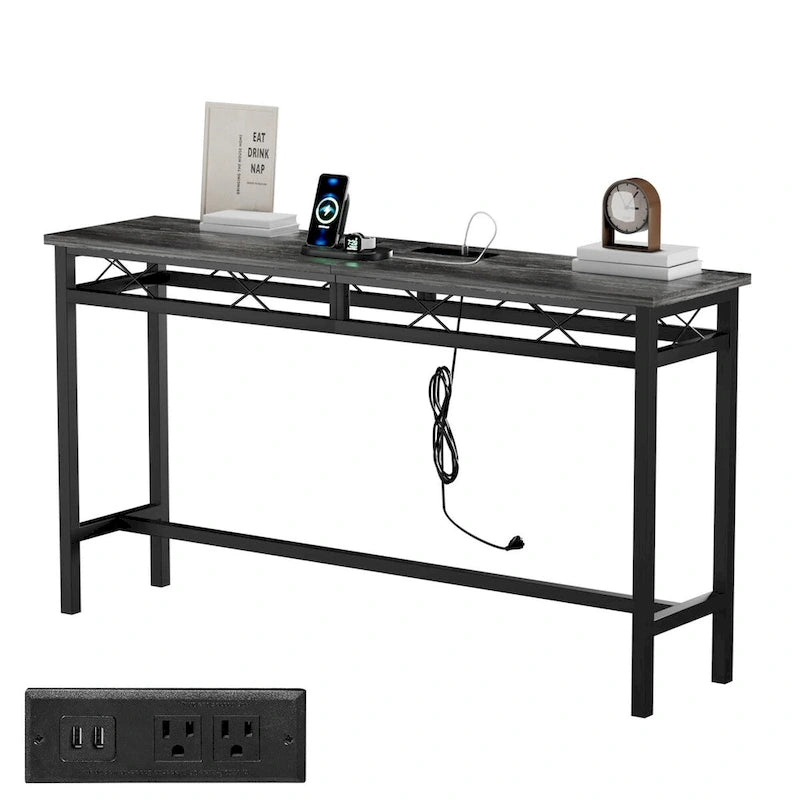 Javlergo Console Table with with Charging Station & USB Ports, Charcoal Gray