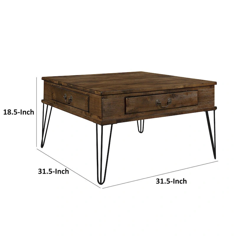 Itti 32 Inch Square Cocktail Coffee Table, 2 Drawers, Brown Wood, Black