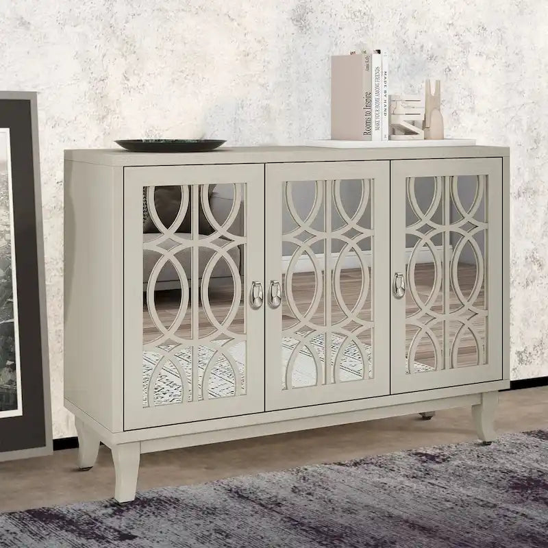 Modern Elegant Wooden Sideboard with Three Mirrored Cabinets Doors
